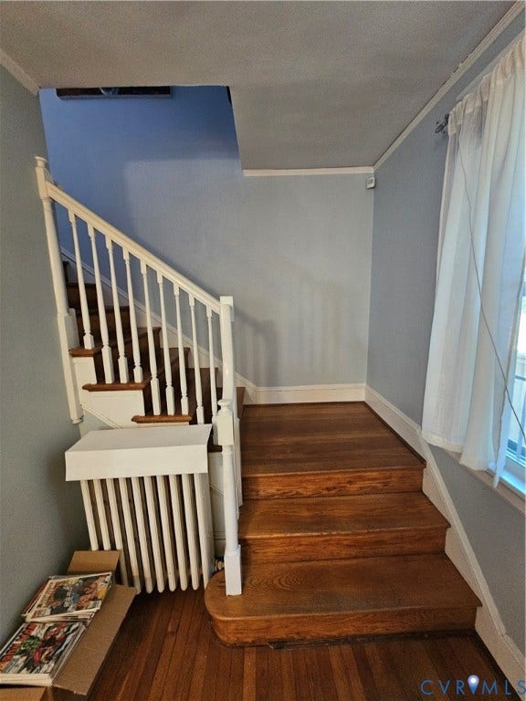 1206 Westminster Avenue, Richmond, VA 23227 Staircase featuring wood-finish treads, a white balustrade with a painted wood handrail, and a built-in radiator cover