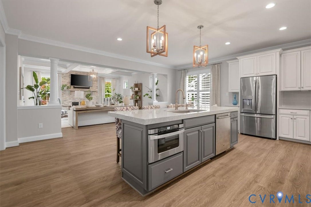 12168 Readers Pointe Drive, Readers Branch, Goochland, VA 23103 Kitchen featuring wood-finish flooring, a central island with quartz countertops, custom two-toned cabinetry, stainless steel appliances, and geometric pendant lighting