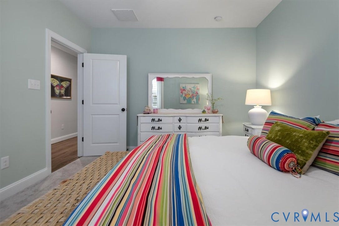 12168 Readers Pointe Drive, Readers Branch, Goochland, VA 23103 Terrace Level - Bedroom featuring neutral-toned walls, carpeting, and a two-panel interior door with matte black hardware