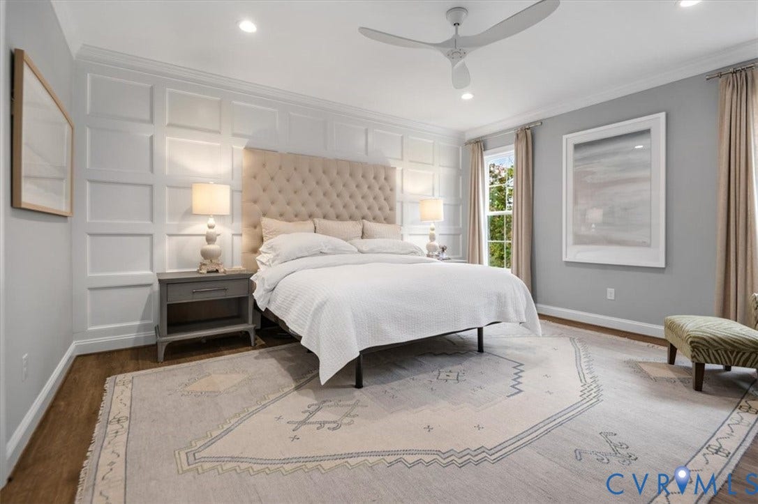 12168 Readers Pointe Drive, Readers Branch, Goochland, VA 23103 Interior room featuring white wainscoting accent wall, wood-finish flooring, recessed lighting, and a modern white ceiling fan with integrated light