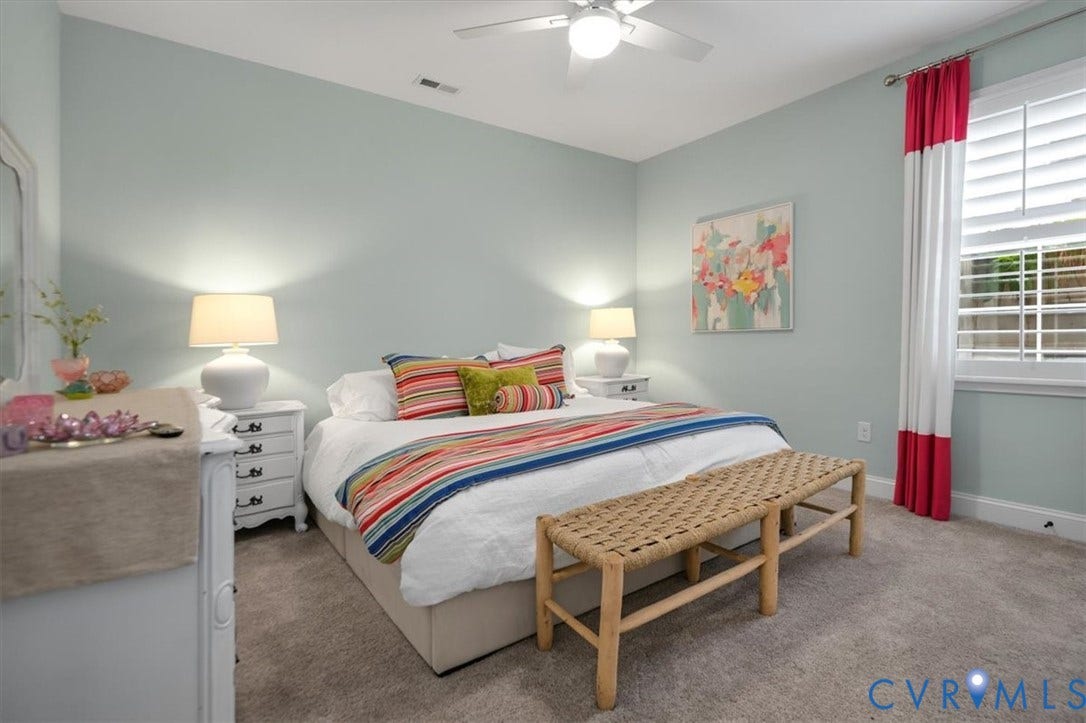 12168 Readers Pointe Drive, Readers Branch, Goochland, VA 23103 Terrace Level - Neutral-toned carpeting, ceiling fan with integrated lighting, and plantation-style window shutters