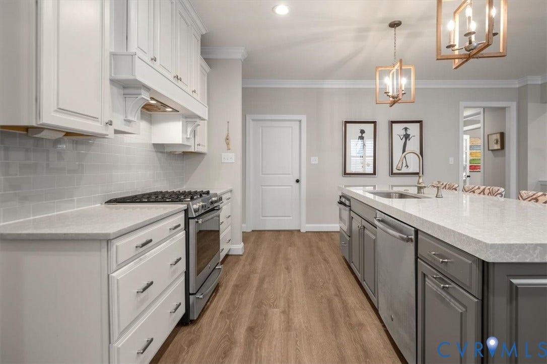12168 Readers Pointe Drive, Readers Branch, Goochland, VA 23103 Kitchen featuring a central island with a stone-composite countertop, stainless steel appliances, shaker-style cabinetry, subway tile backsplash, and wood-finish flooring