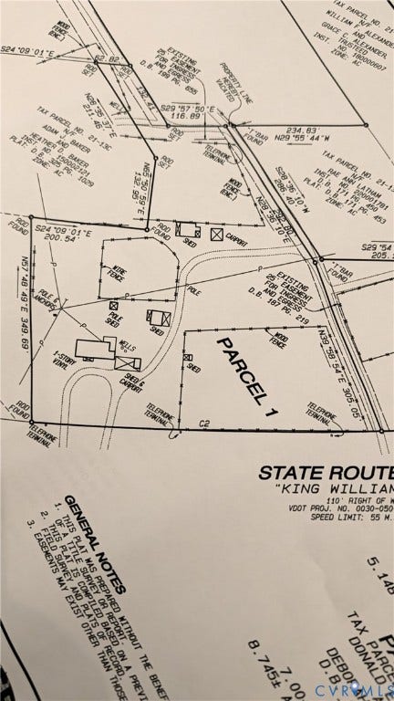 8893 King William Road, King William, VA 23009 Survey Plat. Illustrating the property boundaries, existing structures, and recorded easements