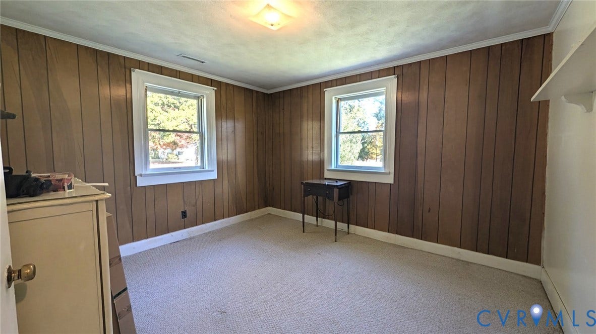 8893 King William Road, King William, VA 23009 Interior space featuring wood-panel wall finish, wall-to-wall carpeting, and two double-hung windows with white casings