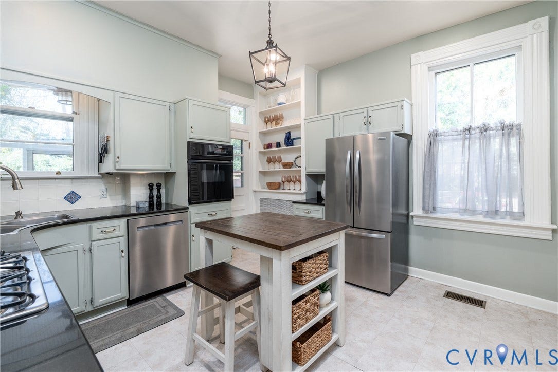 106 N Shields Avenue, The Fan, Richmond, VA 23220 Stainless appliances, including a new refrigerator (2026), plus open shelving and windows on 2 sides.