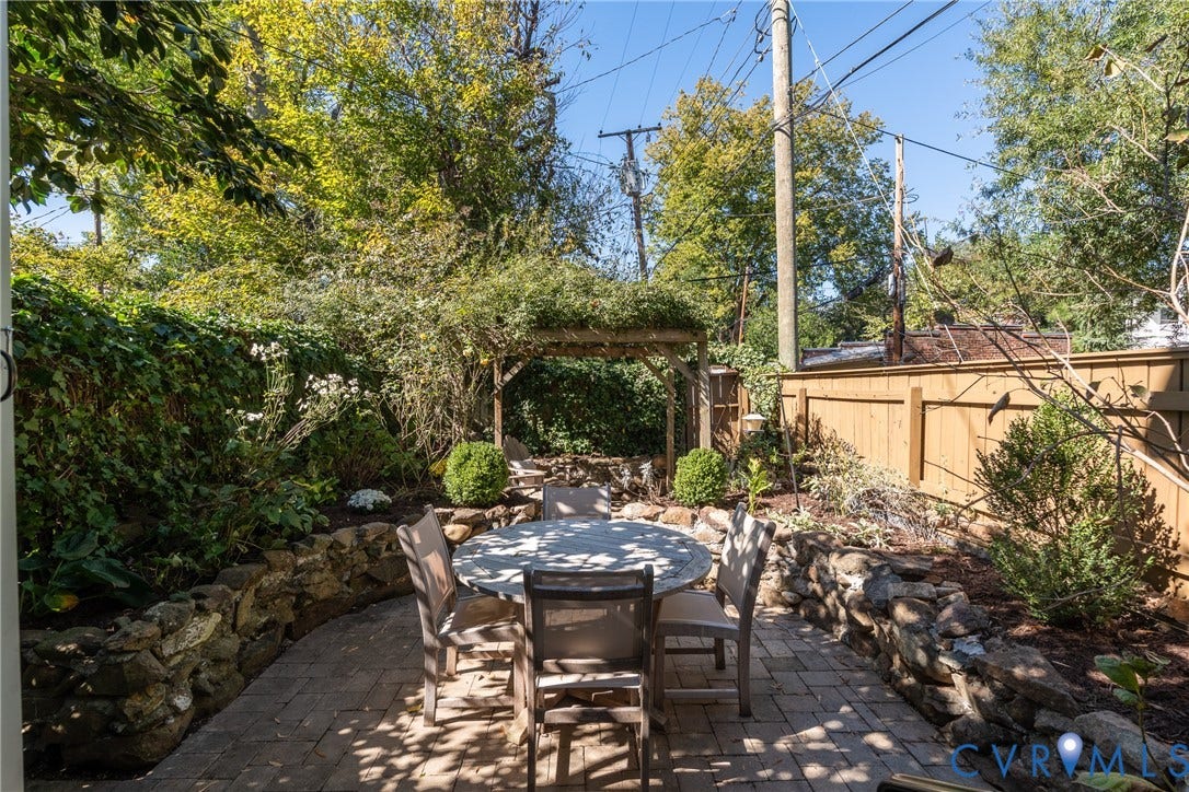 106 N Shields Avenue, The Fan, Richmond, VA 23220 Garden dining patio with stone walls, boxwoods and drip irrigation.