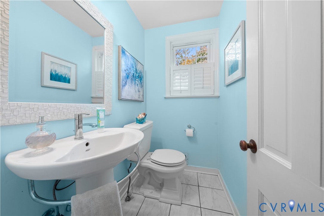 1203 Rothesay Circle, Windsor Farms, Richmond, VA 23221 Powder room featuring a pedestal sink, polished chrome faucet, multi-pane window with plantation shutters, and tiled flooring