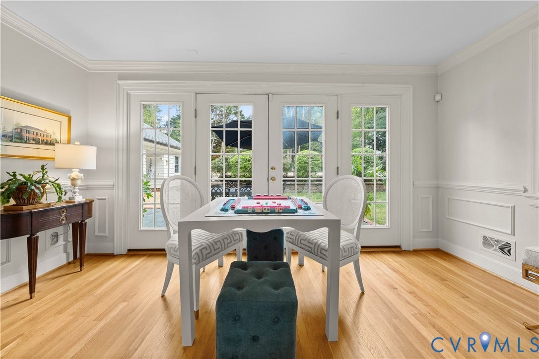 1203 Rothesay Circle, Windsor Farms, Richmond, VA 23221 Hardwood flooring, double French doors with glass panes, crown molding, and wainscoting