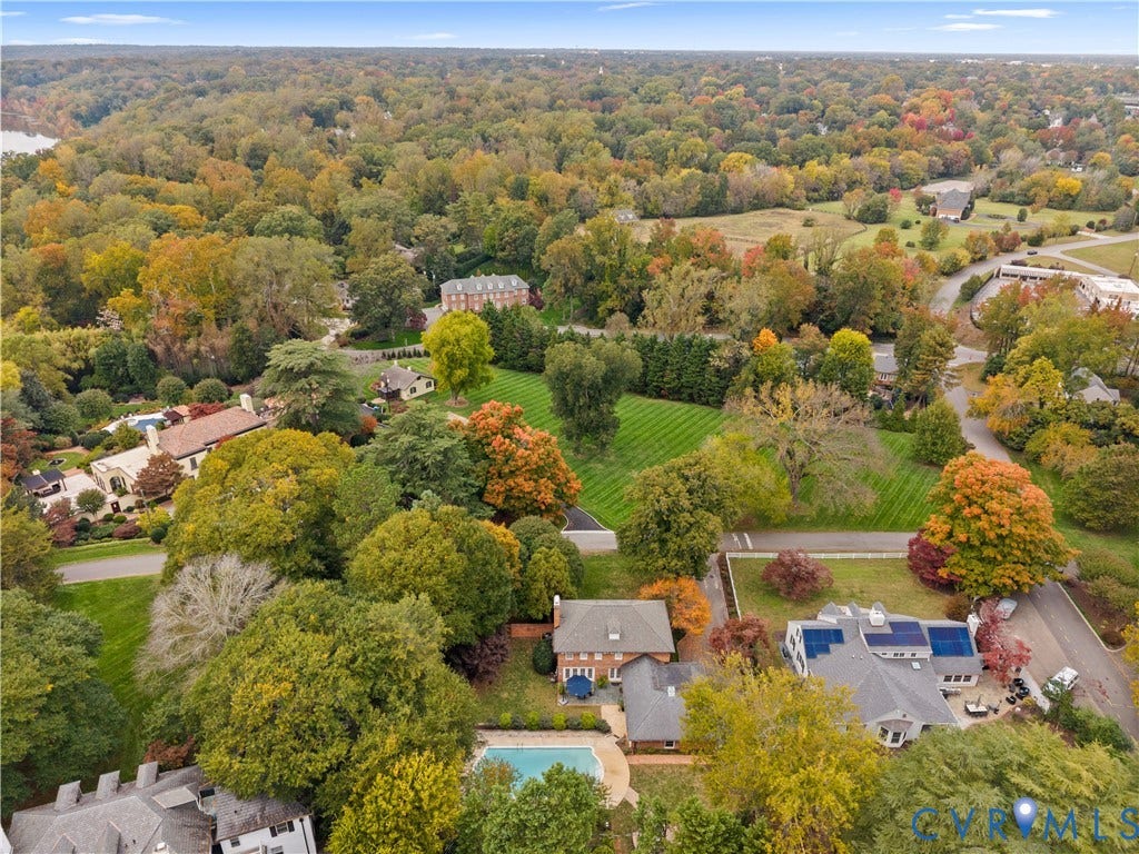 1203 Rothesay Circle, Windsor Farms, Richmond, VA 23221 Aerial perspective featuring dense mature tree coverage, expansive green lawns, and established residential landscaping