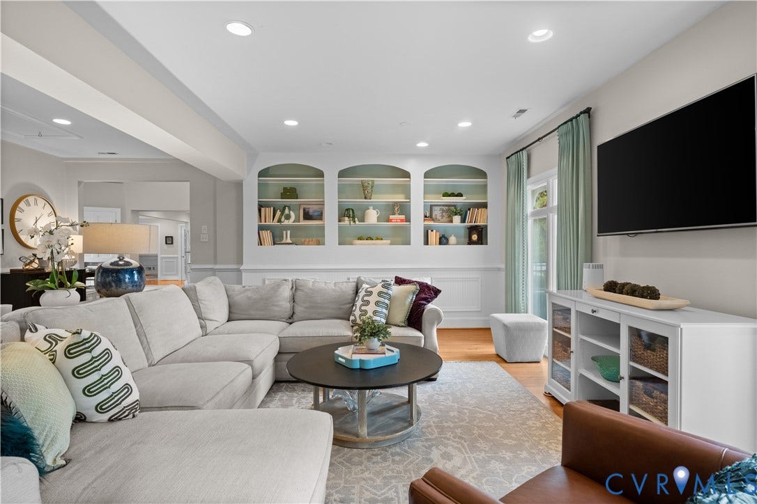 1203 Rothesay Circle, Windsor Farms, Richmond, VA 23221 Living area featuring wood-finish flooring, recessed lighting, and triple arched built-in shelving with wainscoting