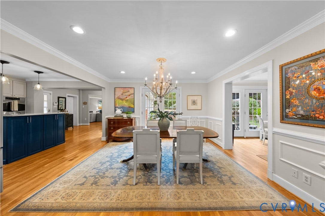 1203 Rothesay Circle, Windsor Farms, Richmond, VA 23221 Dining space featuring wood-finish flooring, recessed lighting, ornate chandelier, wainscoting, and multi-light glass pane doors