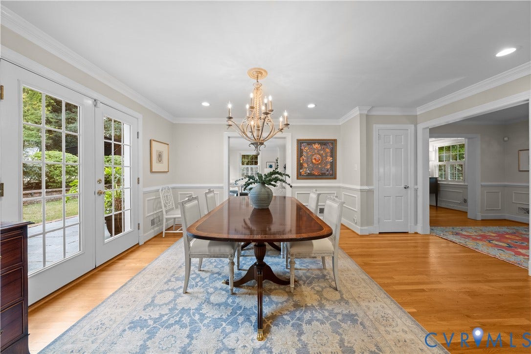 1203 Rothesay Circle, Windsor Farms, Richmond, VA 23221 Dining area featuring wood-finish flooring, wainscoting, crown molding, a multi-arm chandelier, and double French doors
