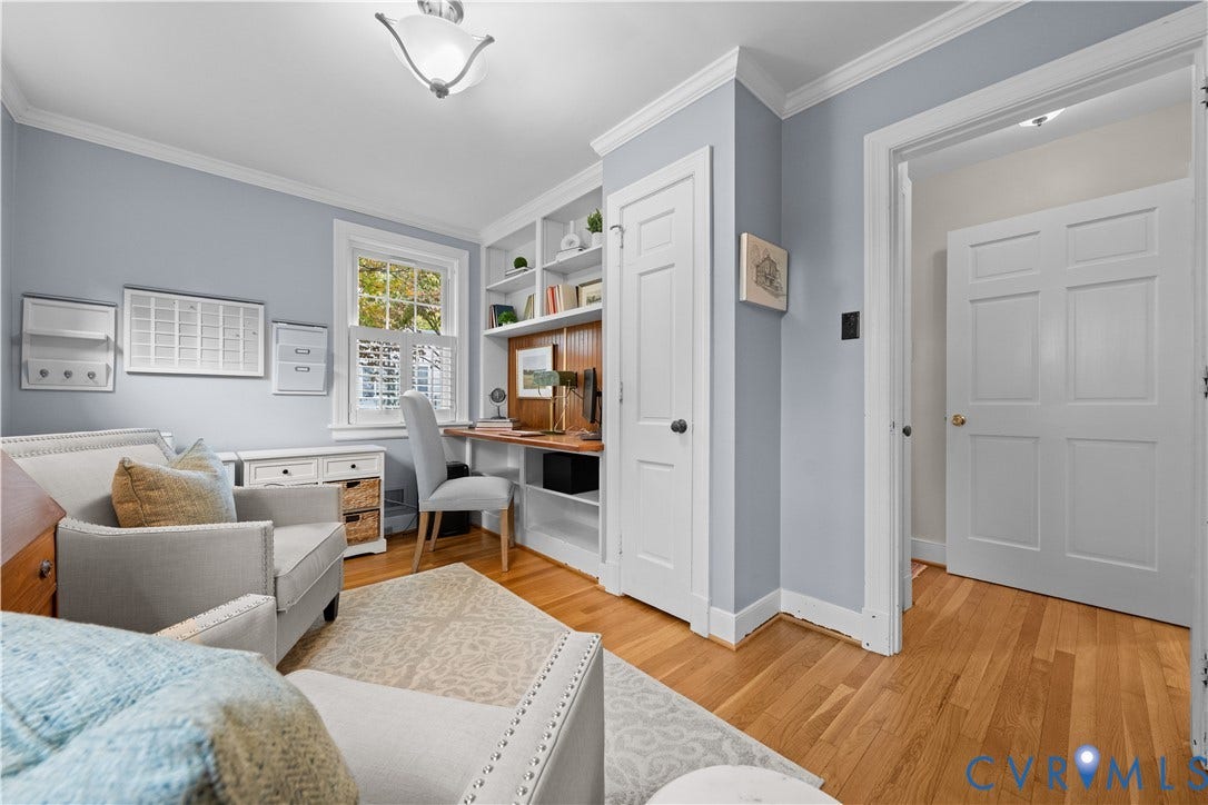 1203 Rothesay Circle, Windsor Farms, Richmond, VA 23221 Built-in floor-to-ceiling shelving, custom wood desk surface, wood-finish flooring, six-panel interior doors, and crown molding