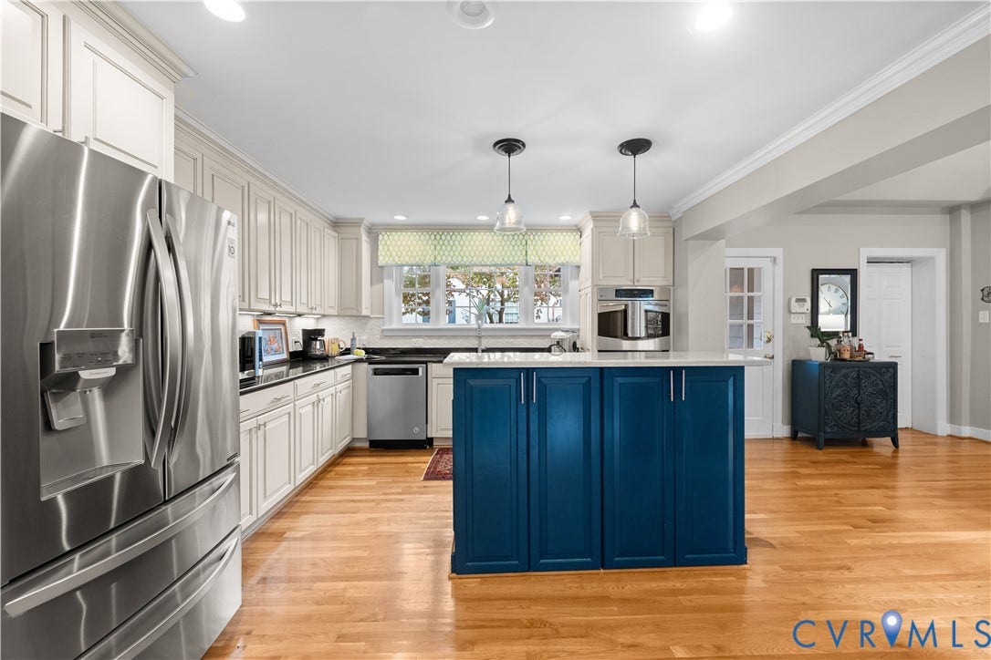 1203 Rothesay Circle, Windsor Farms, Richmond, VA 23221 Kitchen featuring a central blue island, white shaker-style cabinetry, dark solid-surface countertops, wood-finish flooring, and stainless steel appliances