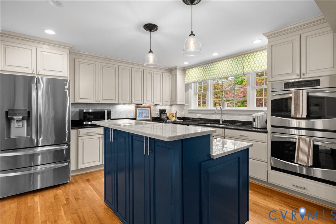 1203 Rothesay Circle, Windsor Farms, Richmond, VA 23221 Kitchen featuring a central island with blue cabinetry, stone countertops, stainless steel appliances, recessed lighting, and wood-finish flooring