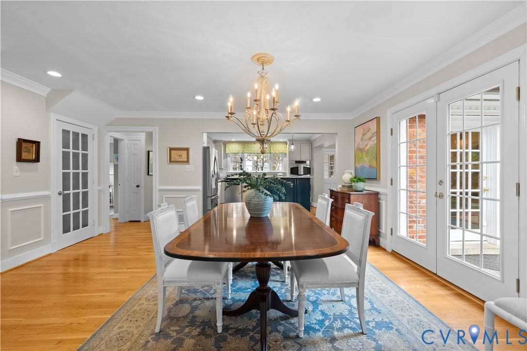 1203 Rothesay Circle, Windsor Farms, Richmond, VA 23221 Dining area featuring wood-finish flooring, wainscoting, a decorative chandelier, and double glass-paneled exterior doors