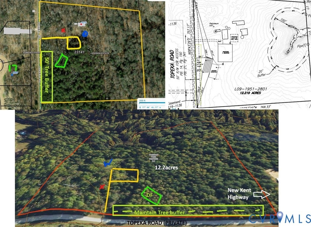 9275 Topeka Road, Quinton, VA 23141 Survey Plat and Aerial Map. Illustrating the site boundaries, topographical features, and land dimensions of the property