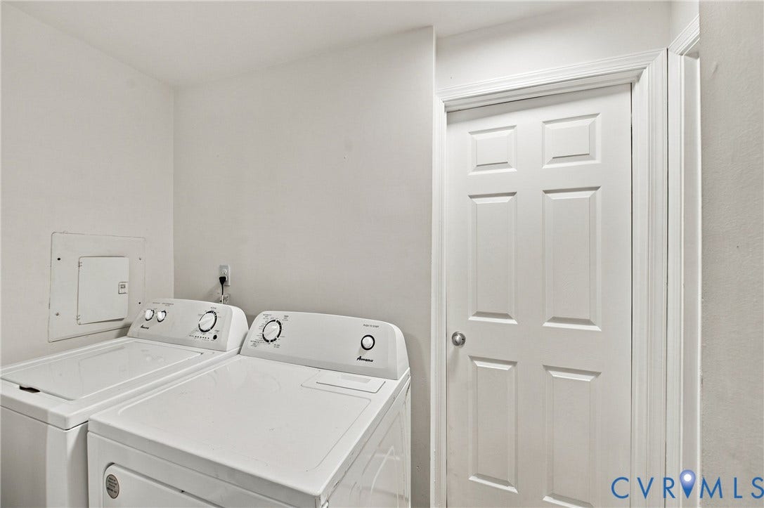 20 Victor Street, Geo Moss Estate, Hampton, VA 23669 Dedicated laundry space featuring white top-load appliances and a six-panel interior door