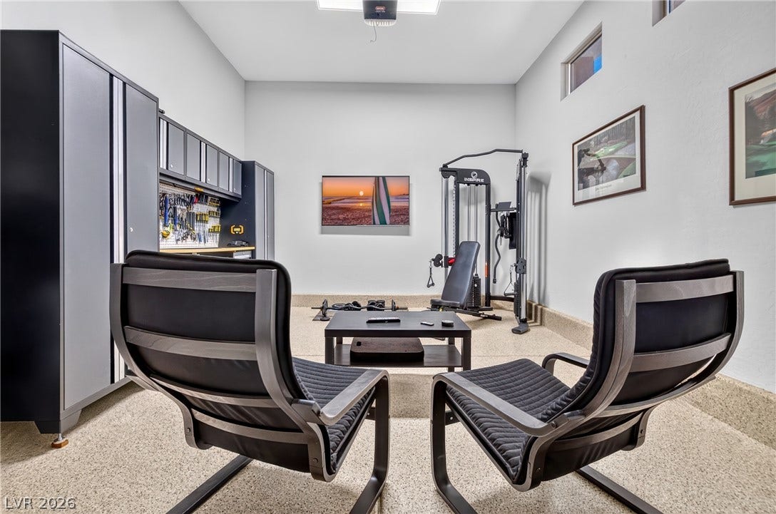 29 Porto Malaga Street, Henderson, NV 89011 A well-appointed garage transformed into a versatile space for fitness and hobbies.