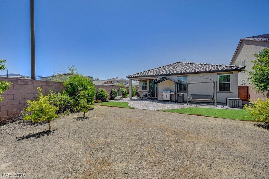 3086 Ripe Peak Lane, Henderson, NV 89044 This spacious backyard provides ample room for outdoor activities and future landscaping designs.