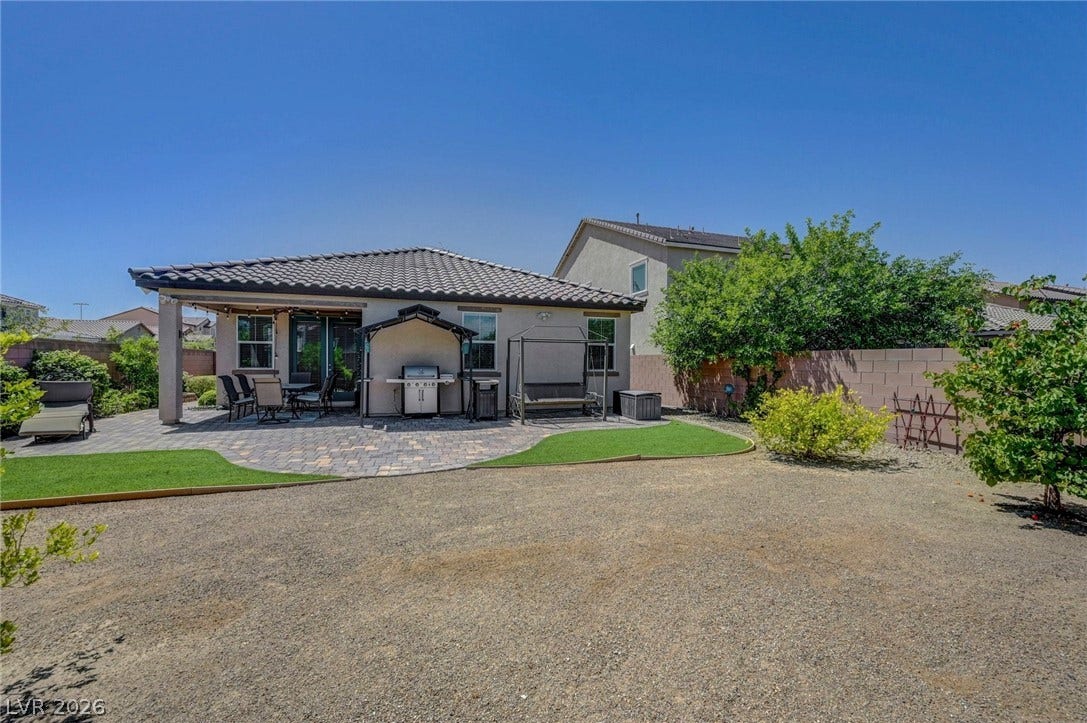 3086 Ripe Peak Lane, Henderson, NV 89044 This tranquil outdoor space features a covered patio perfect for al fresco dining and relaxation.