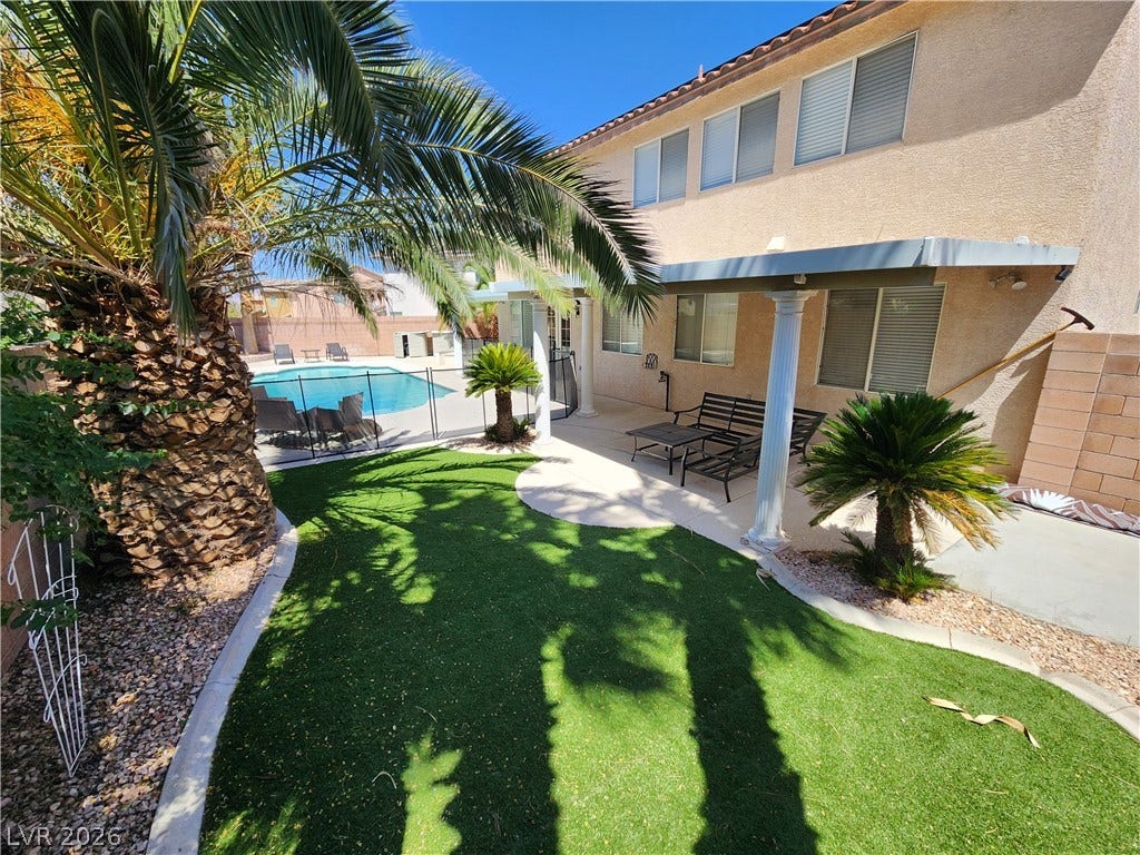 2743 Peekskill Avenue, Henderson, NV 89052 This private yard features a sparkling pool, lush artificial turf, and a covered patio perfect for outdoor enjoyment.