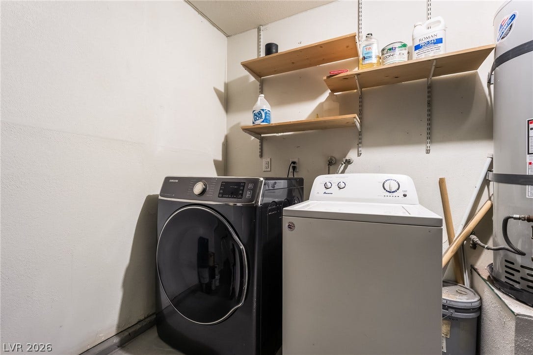 3111 Belvedere Drive, Henderson, NV 89014 Functional laundry space with convenient shelving for supplies.