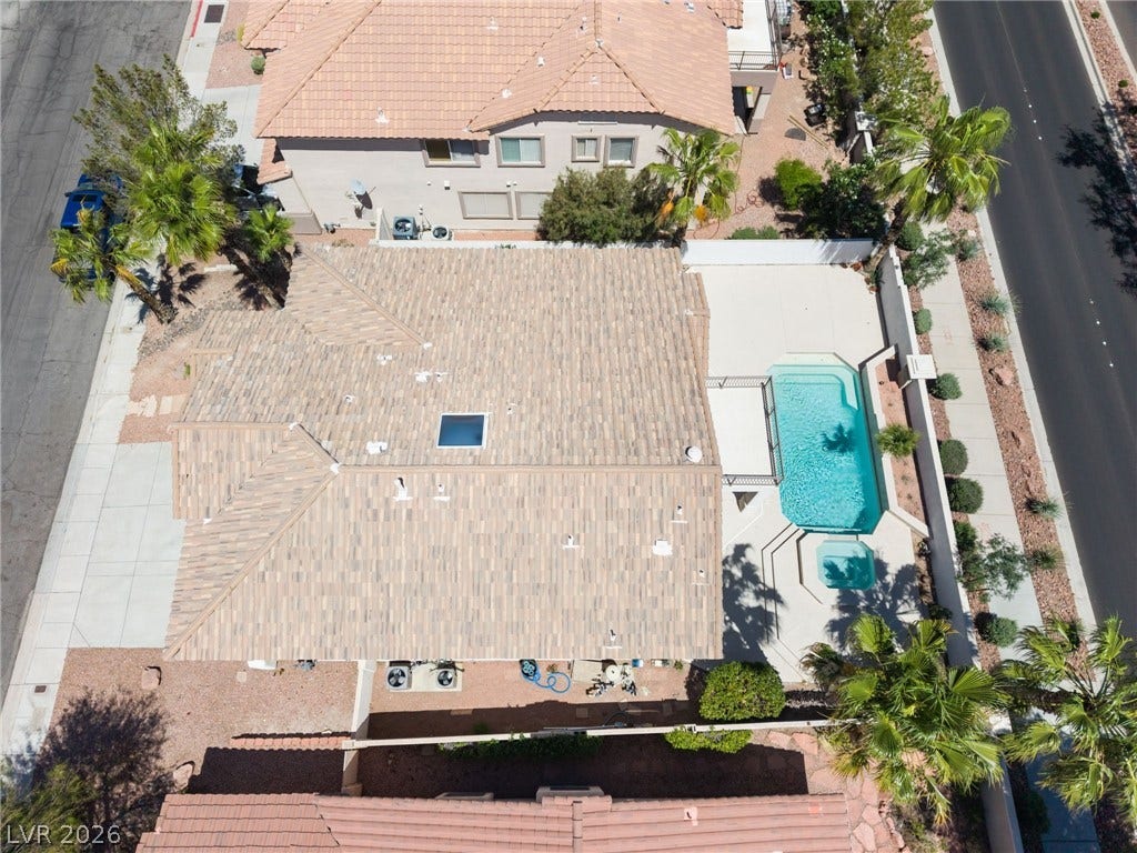 1278 Autumn Wind Way, Henderson, NV 89052 An aerial perspective reveals a private pool oasis nestled alongside the residence.