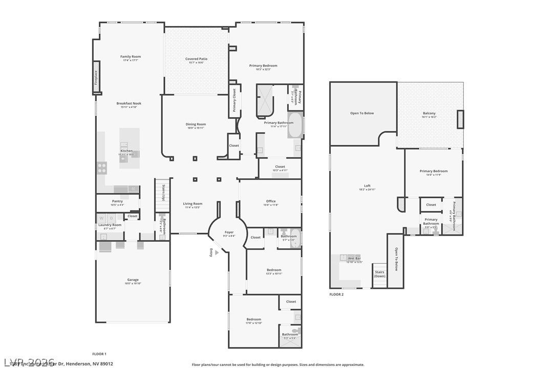 1389 ENCHANTED RIVER Drive, Henderson, NV 89012 A comprehensive floor plan layout for a two-story residence is displayed, offering an excellent overview of the property's flow.