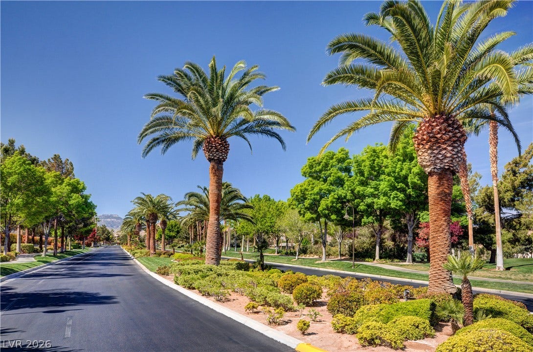 115 Cora Hills Court, Las Vegas, NV 89148 Mature palm trees line the meticulously landscaped road, offering a grand approach to this serene community.