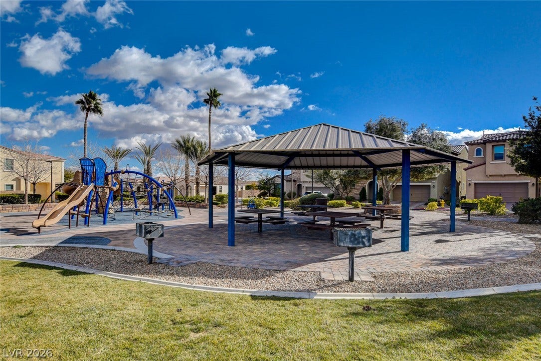 115 Cora Hills Court, Las Vegas, NV 89148 A community gathering space features a covered picnic area, playground, and lush landscaping.