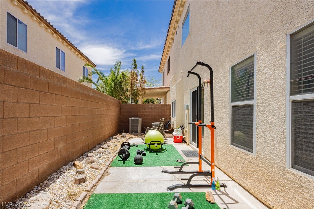 1176 Via Piazza, Henderson, NV 89052 A compact private yard with artificial turf, perfect for outdoor activities.