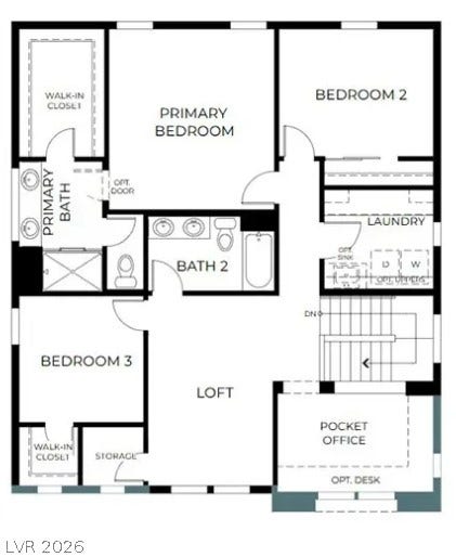 Floor plan showcasing three bedrooms, two baths, a loft, and a pocket office.