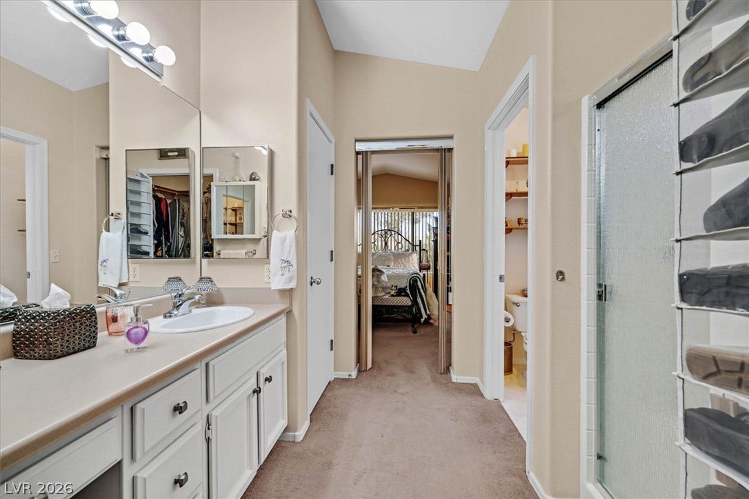 468 Bonnie Brook Place, Henderson, NV 89012 Primary bathroom has shower only and walk-in closet for convenience.