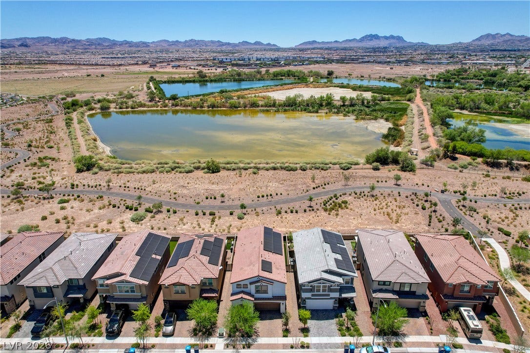 An aerial perspective reveals a residential community bordering a serene, natural Henderson bird preserve.