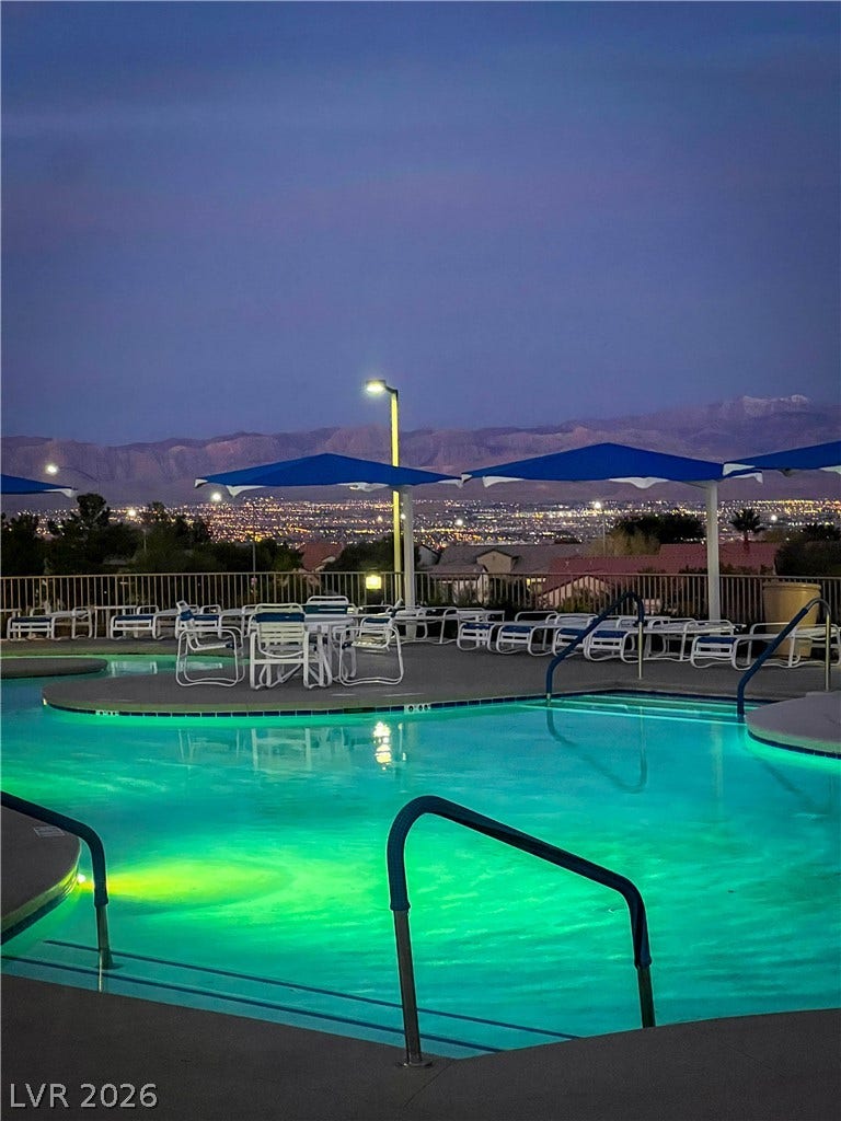2157 Sawtooth Mountain Drive, Henderson, NV 89044 An inviting pool glows at twilight, offering mountain and city light vistas.