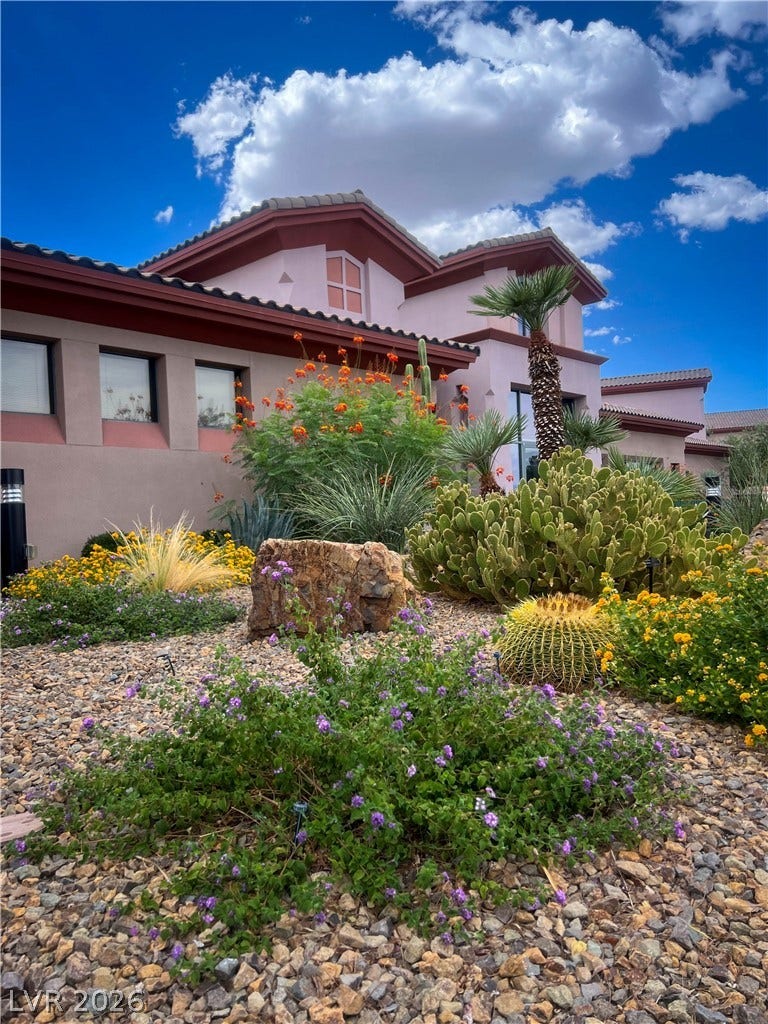 2157 Sawtooth Mountain Drive, Henderson, NV 89044 Desert landscaping and robust cacti create a striking, low-maintenance front yard.