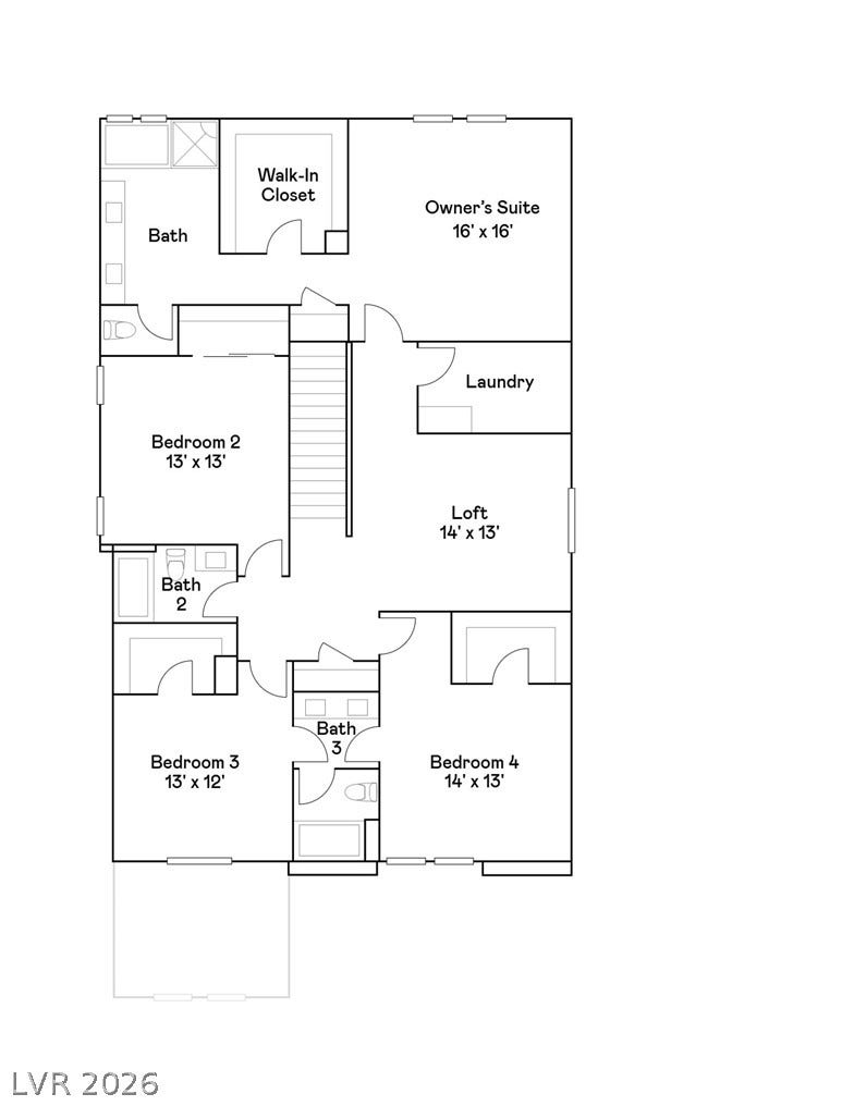 2684 Sunrise Mist Place, Henderson, NV 89044 A clear and concise floor plan delineating four bedrooms, three baths, a laundry area, and a generous loft space.