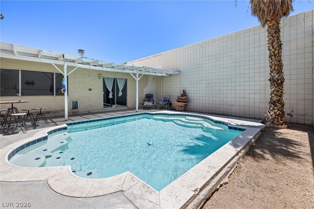 3303 Royce Court, Las Vegas, NV 89121 A private, sun-drenched pool awaits, complete with a covered patio area perfect for relaxation.