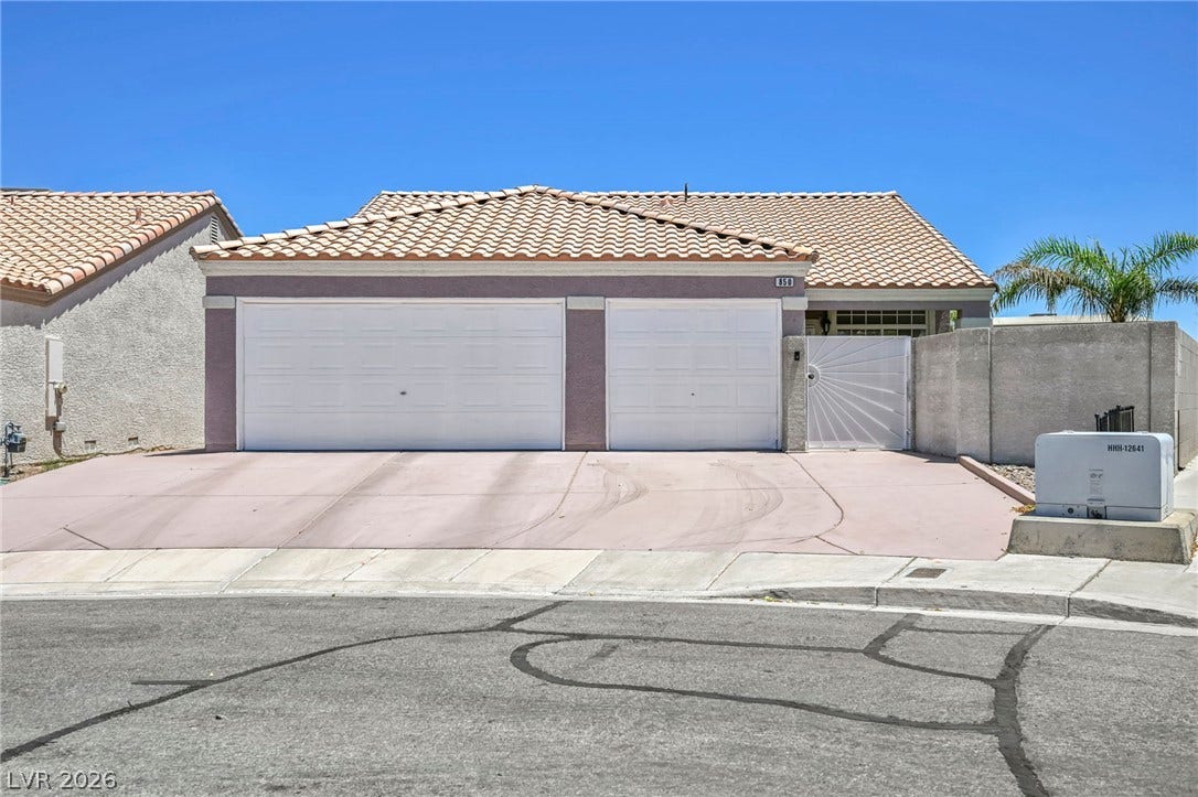 A well-maintained stucco facade with a two-car garage welcomes you home.