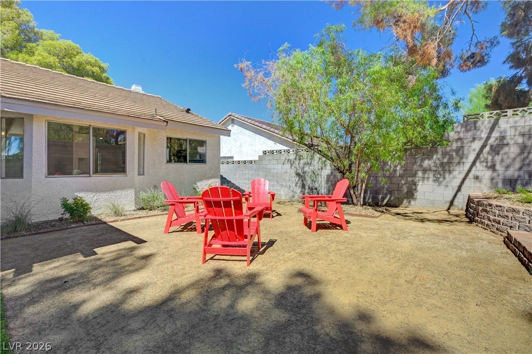 3131 White Rose Way, Henderson, NV 89014 An inviting backyard setting offers a peaceful escape with ample space for relaxation.