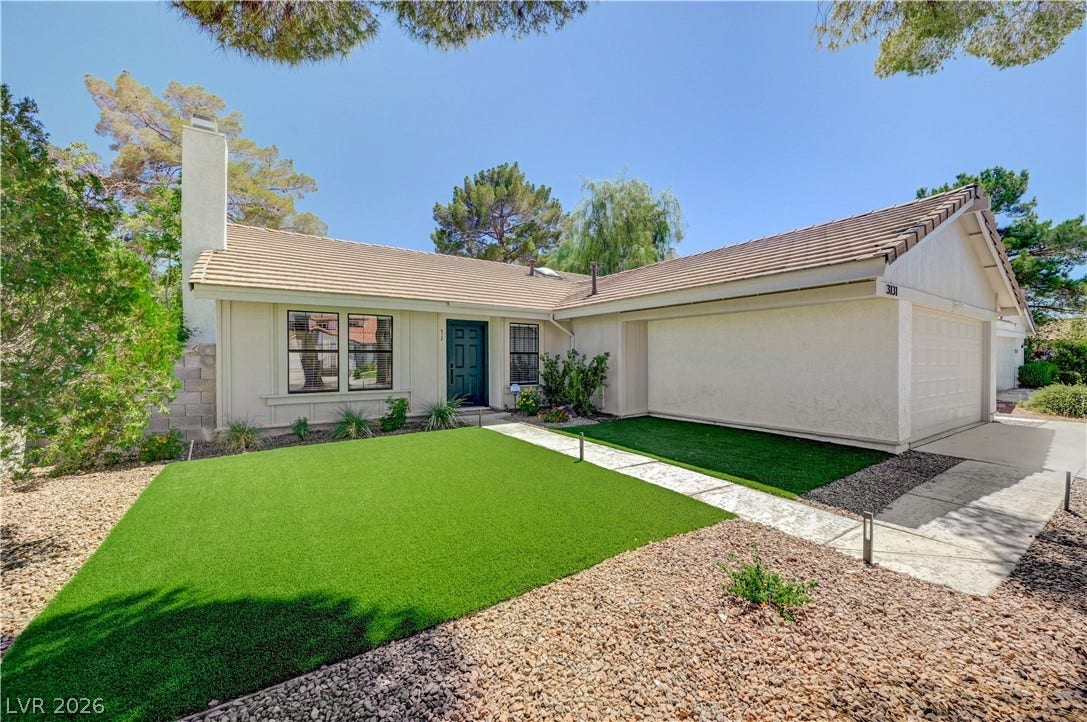 3131 White Rose Way, Henderson, NV 89014 A well-maintained facade with synthetic turf and a practical two-car garage awaits.