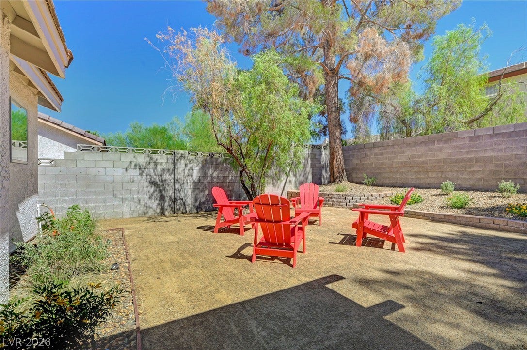3131 White Rose Way, Henderson, NV 89014 An inviting backyard retreat features a durable block wall and mature shade trees.