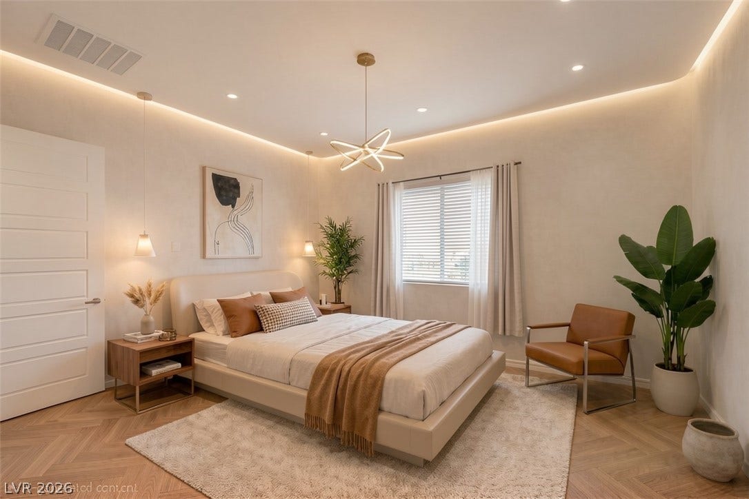 Naturally illuminated bedroom with contemporary pendant lighting and rich hardwood flooring, offering a peaceful retreat.