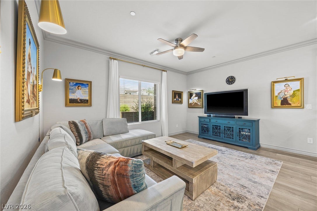 600 N Carriage Hill Drive, #1034, Las Vegas, NV 89138 Natural light fills this comfortable living room, featuring durable flooring and a ceiling fan for year-round comfort.