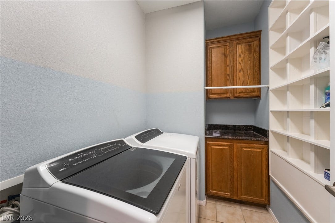 2439 Kaymin Ridge Road, Henderson, NV 89052 A well-appointed laundry area offers convenient appliance hookups and ample storage cabinetry.