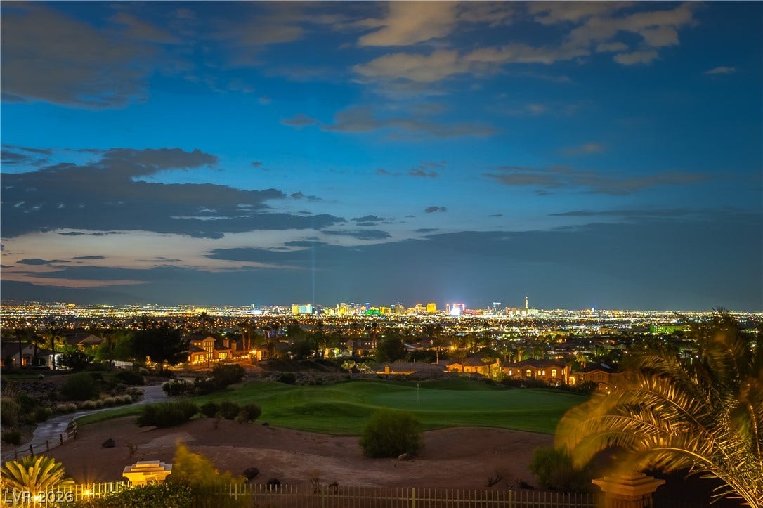 2676 Botticelli Drive, Henderson, NV 89052 Fabulous views of the Las Vegas Strip, City Lights and Golf Course from the back of the property (downstairs and upstairs) offering an inspiring nocturnal panorama. Private backyard setting!