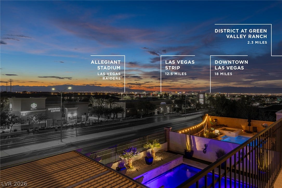 743 Glowing Horizon Street, Henderson, NV 89052 An inviting private outdoor space with a sparkling pool and spa overlooks a vibrant cityscape at dusk.