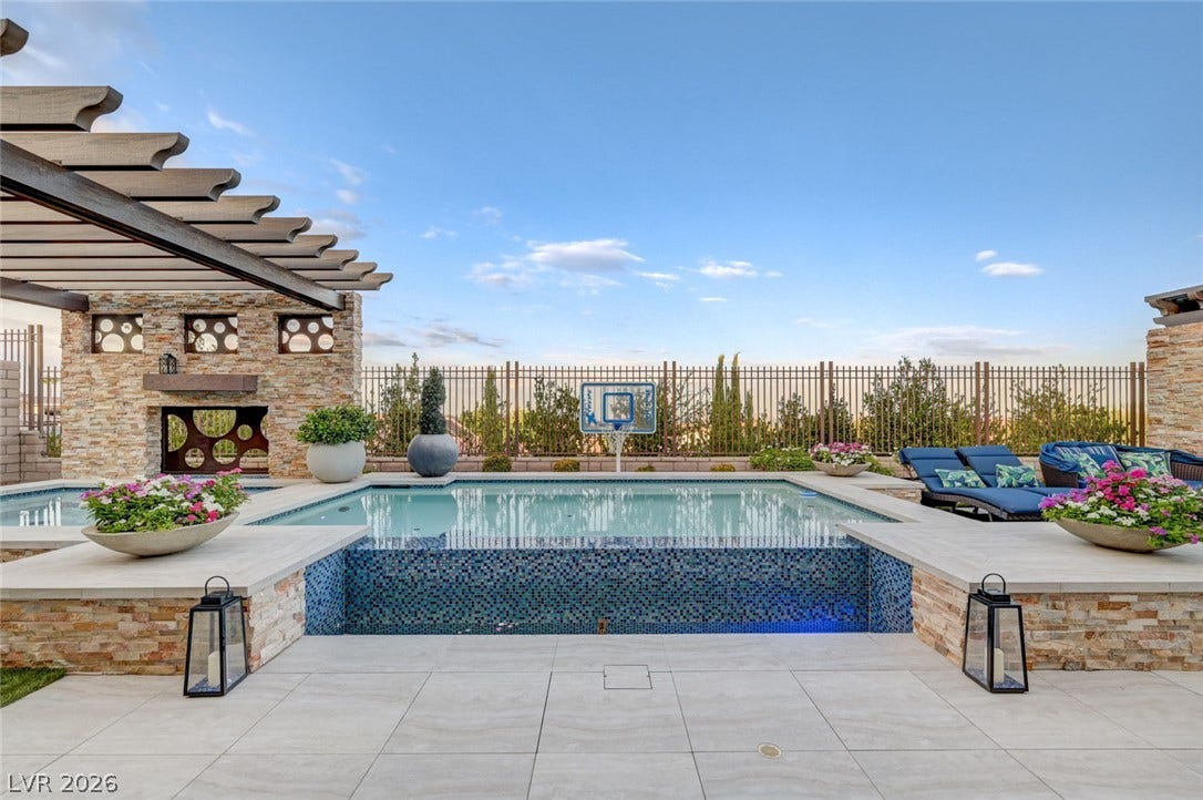 274 Evante Street, Las Vegas, NV 89138 An inviting outdoor oasis with a sparkling pool, elegant stone accents, and comfortable lounging areas.