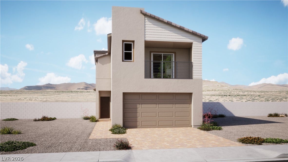 635 Cayden Creek Street, Henderson, NV 89011 Modern desert home featuring a second-story balcony and paver driveway, offering scenic mountain views.